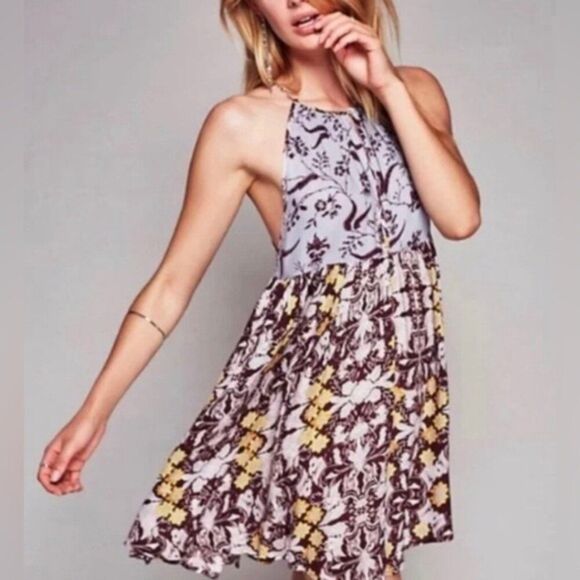 Free People Floral Dress in purple and Yellow, size L - Picture 1 of 13